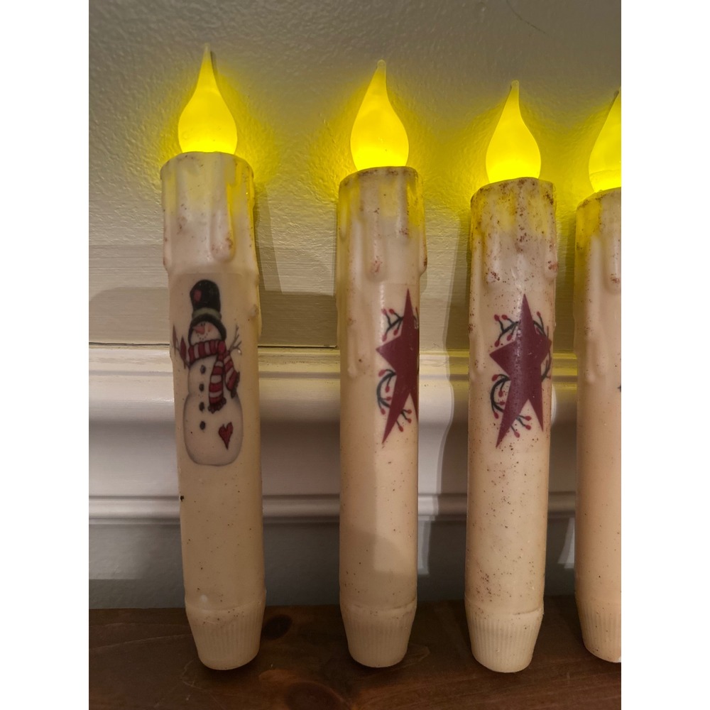 Set of 6 Primitive LED Window Taper Candles Snowman Star Cardinal Holiday Decor - Picture 2 of 5